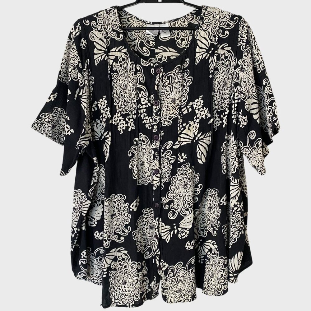 Roaman's Floral Printed Crepe Blouse Women's 2X Boho Short-Sleeve Button-Up Top
